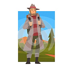 Man Wearing Raincoat Travelling with Backpack, Male Traveller in Summer Mountain Landscape, Outdoor Activity, Travel