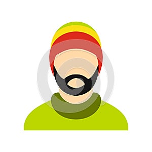 Man wearing rastafarian hat icon, flat style