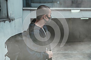 Man wearing a real anti-pollution, anti-smog