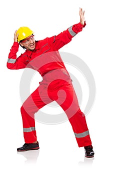 The man wearing red coveralls isolated on white