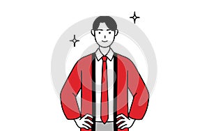 Man wearing a red happi coat with his hands on his hips