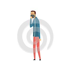 Man Wearing Respirator Protective Mask, Guy Suffering from Industrial Smog Vector Illustration