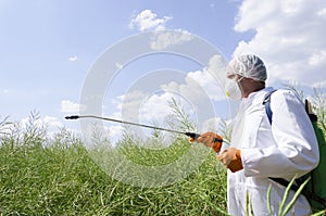 Man wearing respirator, white workwear and protective gloves.Spraying pesticides in the field photo