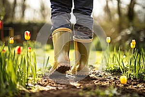 Man Wearing Rubber Boots in a Garden, Generative AI