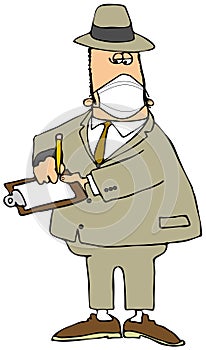 Man wearing a suit and writing on a clipboard while wearing a face mask