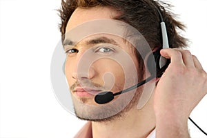 Man wearing telephone head-set