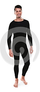 Man wearing thermal underwear on white