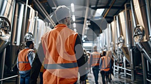 A man wearing a tour guide vest leads a group through a warehouse filled with shiny brewing equipment