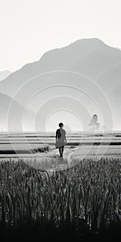 Minimalist Monochrome: A Man Walking In The Mountains Of Vietnam photo