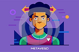 A man wearing a vibrant shirt stands with an arrow hovering above his head, Metaverso Customizable Disproportionate Illustration photo