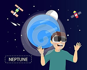 Man wearing virtual reality glasses looking neptune in universe