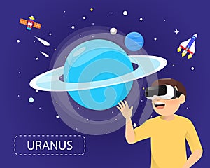 Man wearing virtual reality glasses looking uranus in universe c