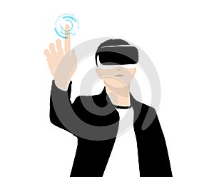 Man wearing VR glasses, hands up, touching the screen, doing data analysis