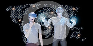 Man wearing vr glasses holographic world map Virtual touch and virtual world navigation technology 3D illustration