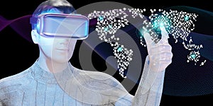 Man wearing vr glasses holographic world map Virtual touch and virtual world navigation technology 3D illustration