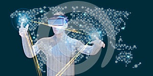 Man wearing vr glasses holographic world map Virtual touch and virtual world navigation technology 3D illustration