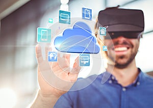 Man wearing VR Virtual Reality Headset with Interface