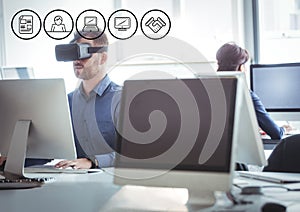 Man wearing VR Virtual Reality Headset with Interface