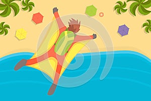 Man Wearing Wing Suit Flying in Sky Under Tropical Beach, Skydiving Extreme Sport Vector Illustration