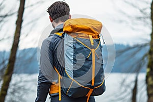 A Man Wearing a Yellow and Blue Backpack in a Forest Setting