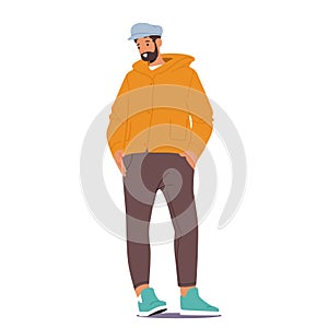 Man Wears Autumn Clothes, Male Character in Cozy Combination Of Jacket, Pants and Cap In Warm Earthy Tones