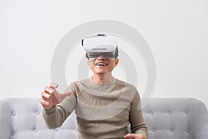 Man wears virtual reality glasses with smartphone inside. vr glasses virtual reality glass 3d cyberspace simulation concept