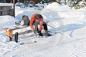 Man wears a winter skates at the rink