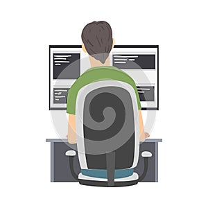 Man Web Developer or Programmer Sitting and Working In Front of Computer Screen Vector Illustration