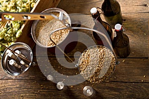 Man Weighs Malt for Home Brewing of Beer. Top View.