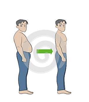 Man before and after weight loss. Perfect body symbol. Successful diet and fitness concept.