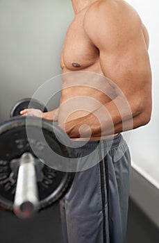 Man, weights and bar for arm workout in gym for muscle growth performance, bodybuilder or exercise. Athlete, shirtless
