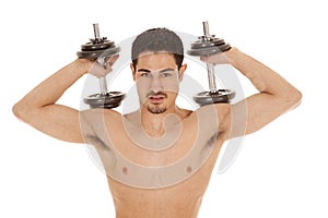 Man weights on shoulders no shirt