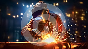 Man weld a metal with a welding machine. Sparks from metal processing.