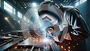 man-welder fastens iron girders with a welding machine. Construction of the industry. Generative AI.