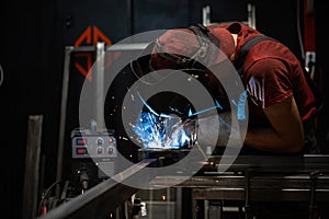 man welder, mig or tig welding, craftsman, erecting technical steel Industrial, steel welder in factory technical