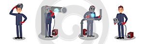 Man Welder in Welding Helmet and Protective Equipment Fusing Materials Together Vector Illustration Set