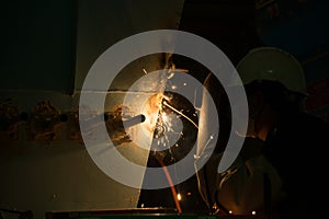 Man welder working with machines in industrial plants with full