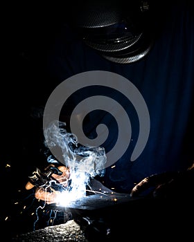 Man welding iron with a protective mask