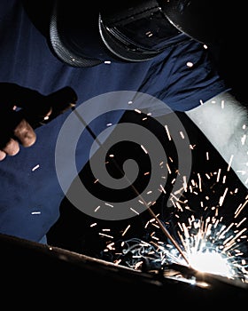 Man welding iron with a protective mask