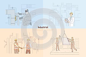 Man welding pipes in factory, constructing engineer checking equipment, construction workers on site banner