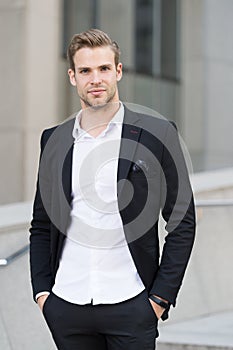 Man well groomed suit walk urban background. Businessman looking forward future opportunity. Businessman handsome office