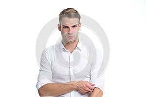 Man well groomed unbuttoned white collar elegant shirt isolated white background. Macho confident ready work office. Guy