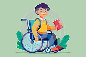 A man in a wheelchair deeply engrossed in reading a book, Disabled student Customizable Semi Flat Illustration photo