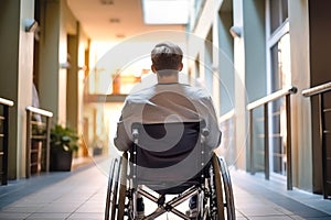 Man in Wheelchair Descending Hallway, Independent Mobility Illustrating the Loneliness of Disabilities