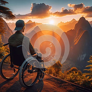 A man in a wheelchair enjoys the sunset against the backdrop of stunning mountain scenery. View from the back. Generated AI