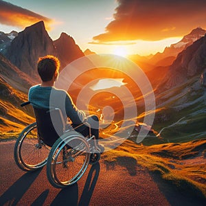 A man in a wheelchair enjoys the sunset against the backdrop of stunning mountain scenery. View from the back. Generated AI