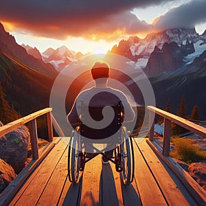 A man in a wheelchair enjoys the sunset against the backdrop of stunning mountain scenery. View from the back. Generated AI