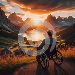 A man in a wheelchair enjoys the sunset against the backdrop of stunning mountain scenery. View from the back. Generated AI