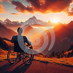 A man in a wheelchair enjoys the sunset against the backdrop of stunning mountain scenery. View from the back. Generated AI