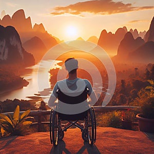 A man in a wheelchair enjoys the sunset against the backdrop of stunning mountain scenery. View from the back. Generated AI